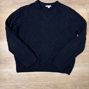 Subdued Navy Cable Knit Sweater with V-Neck